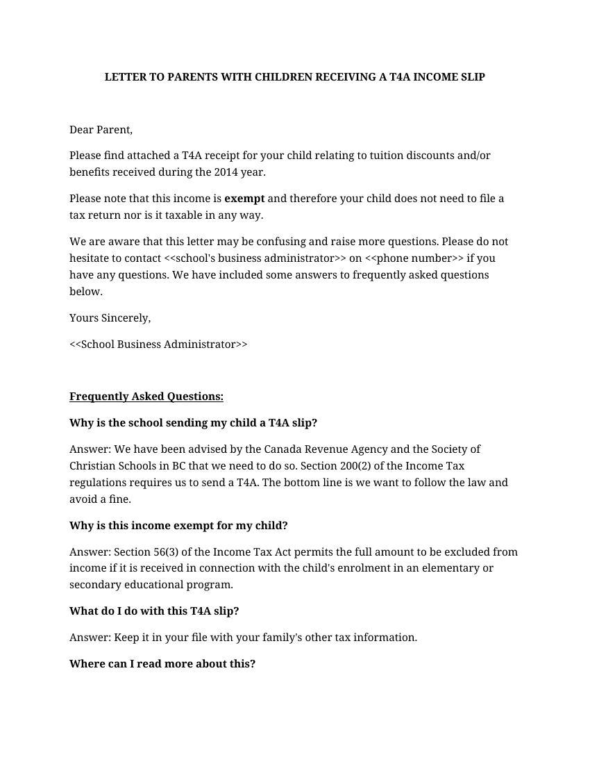Template Letter Re T4A Slips To Parents